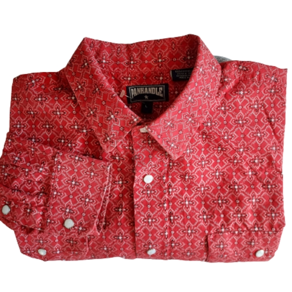 Panhandle Men's Western Cowboy Red Print Pearl Snap Shirt Size Large